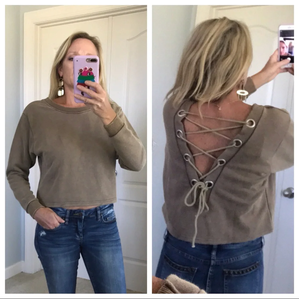 Olive/Brown Color Lace Up Back Top - Picture 2 of 8